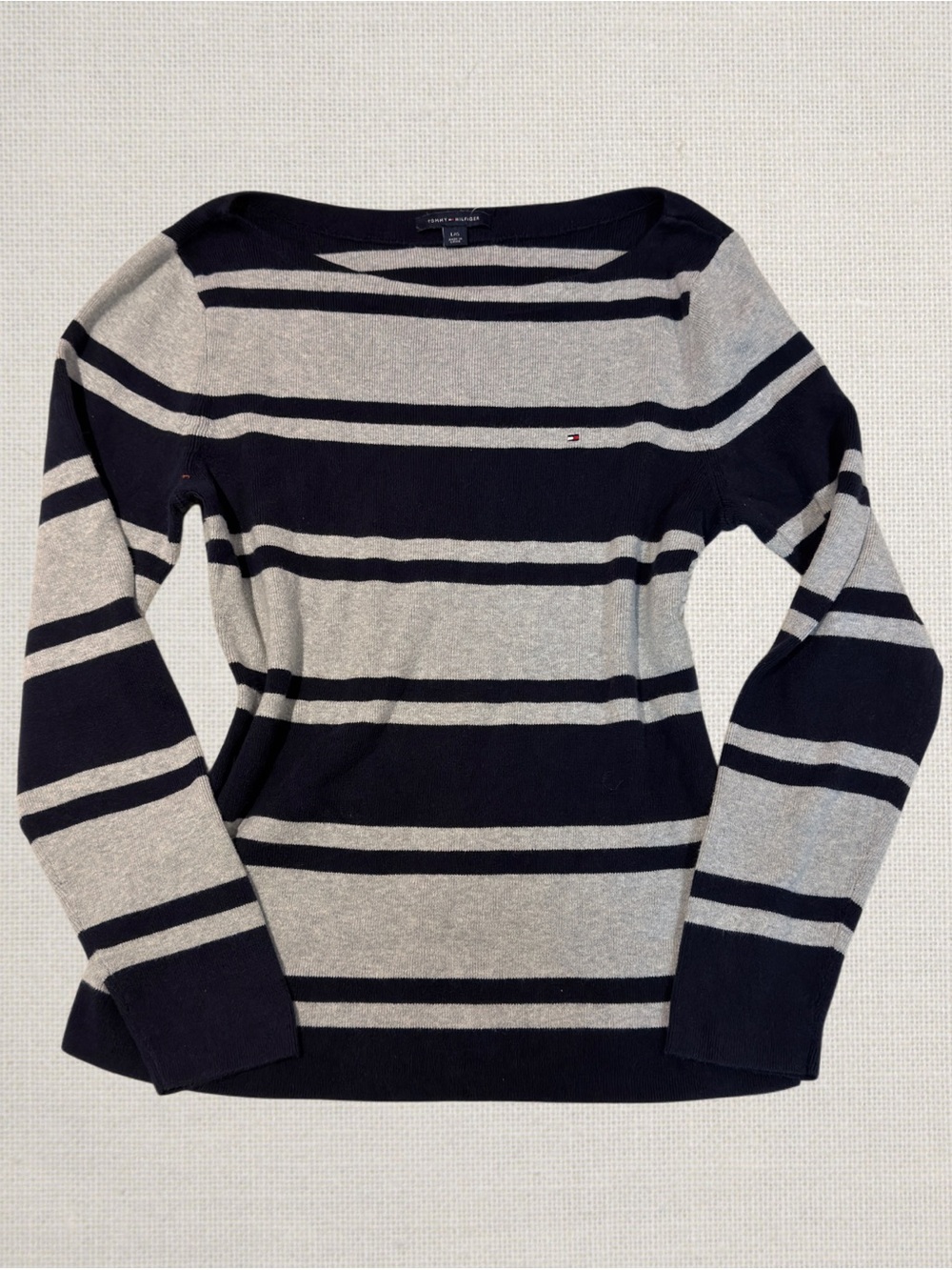 Tommy Hilfiger Navy and Gray Striped Boatneck Long Sleeve Top